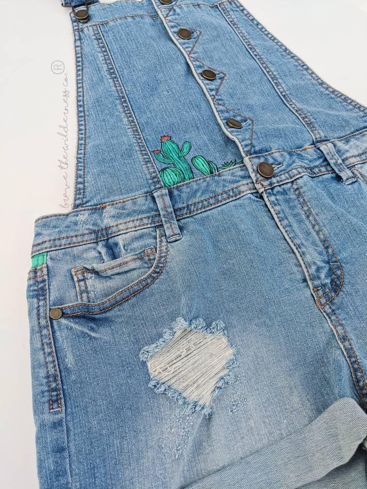 Desert - Distressed Jean Overall Shorts with Hand Painted Pocket