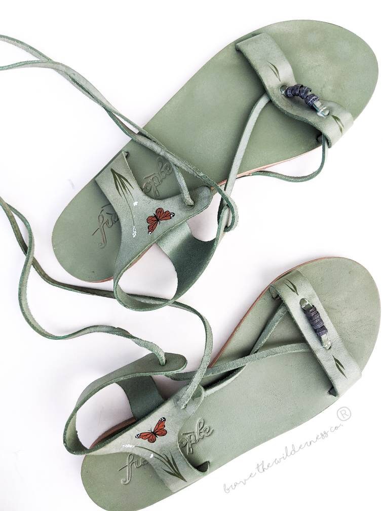 Butterfly Garden - Women's Painted Leather Sandals Shoes Green