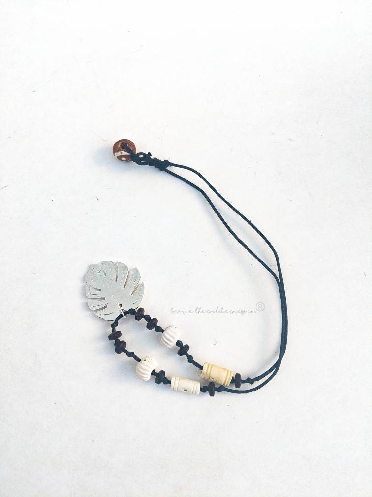 Monstera Leaf - Natural Hemp, Metal and Bone Summer Necklace