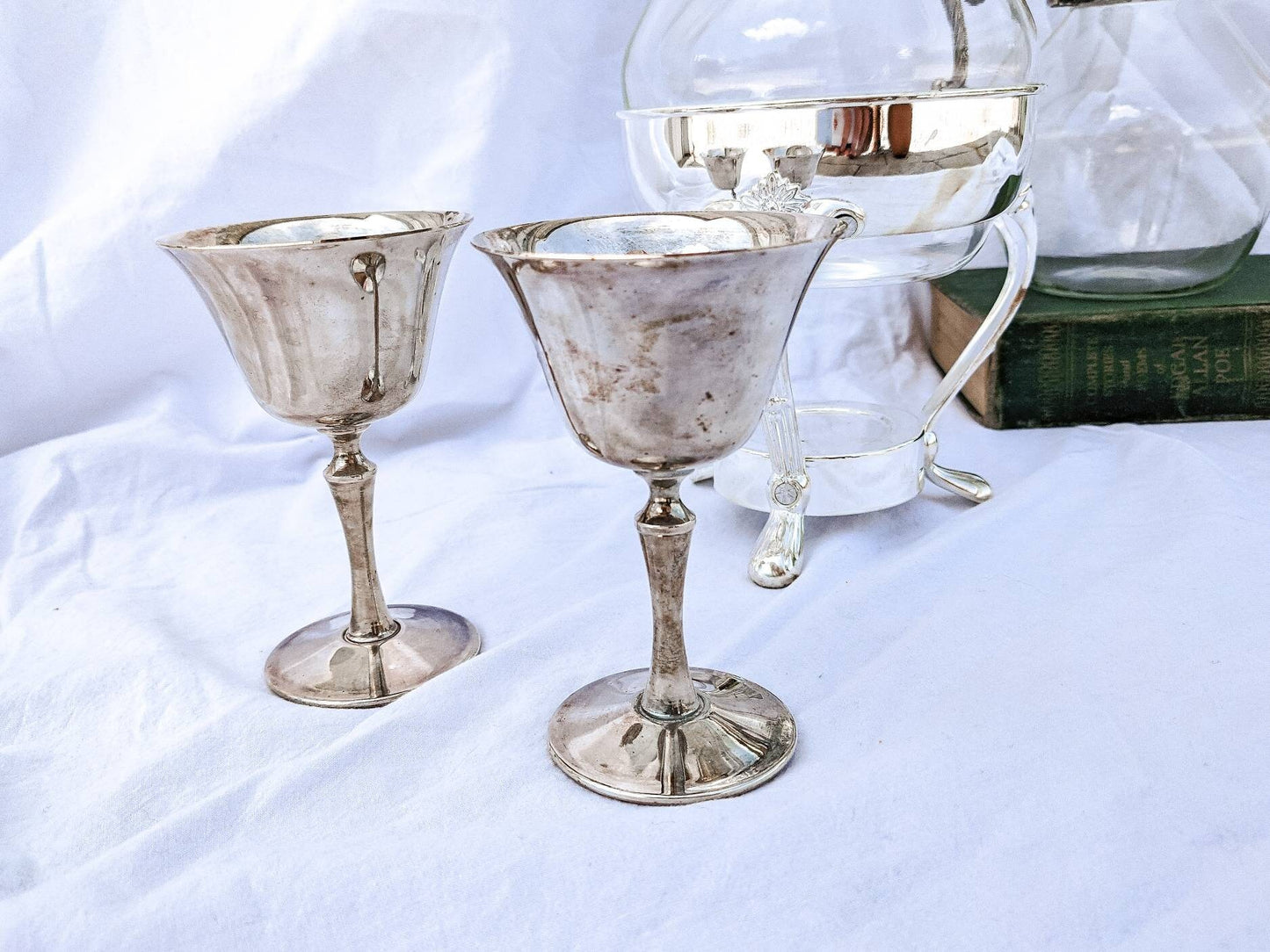 Silver Plated - Vintage Glass and Silver Coffee Tea Carafe Cups Stand DeUberti Italy