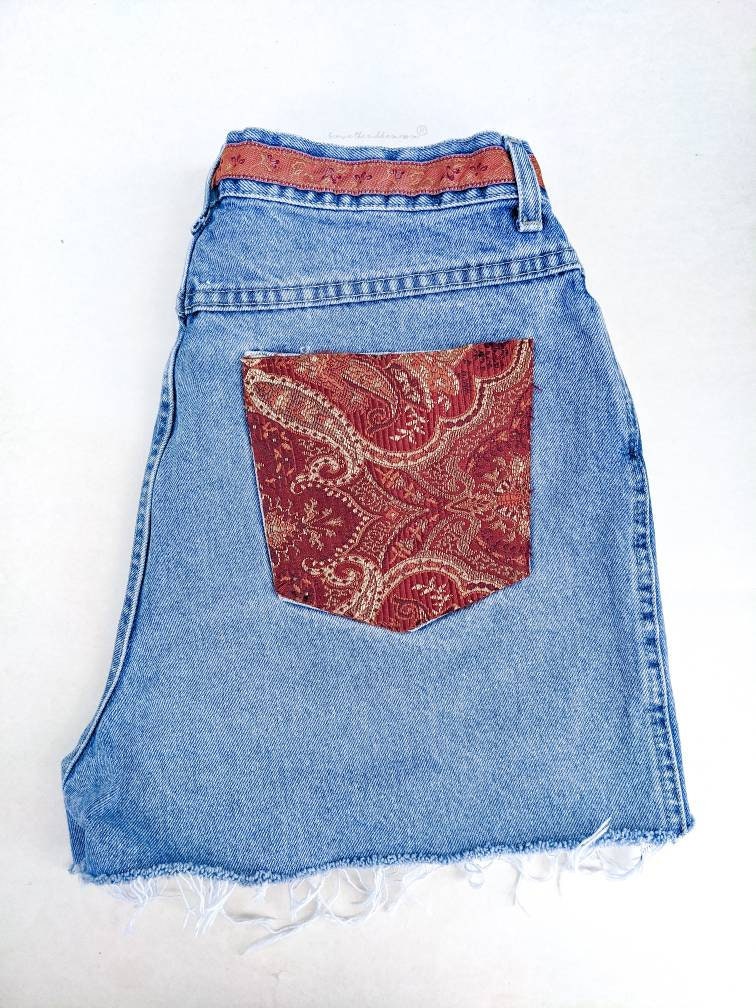 Red Pattern Pockets - Vintage Jean Shorts Light Wash with Vintage Fabric Billblass