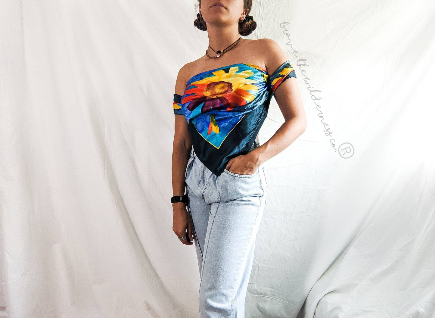 Floral Abstract - Extra Large Vintage 1980s Silk Scarf Top Hair