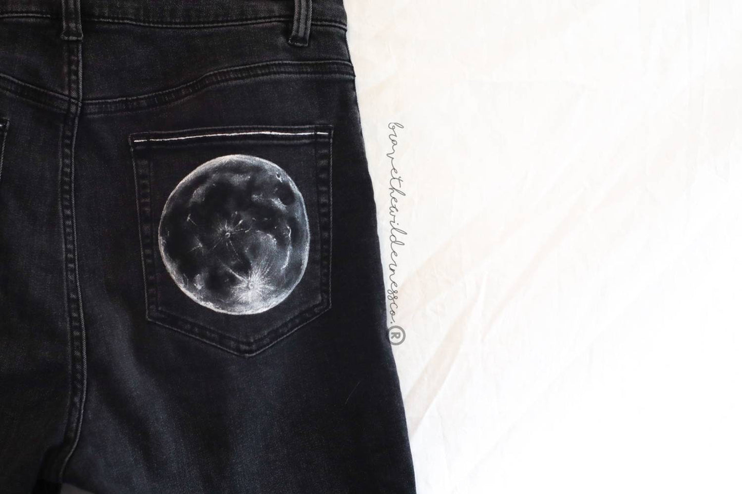 Flowers In The Moon - Jean Shorts with Hand Painted Pockets Black and White