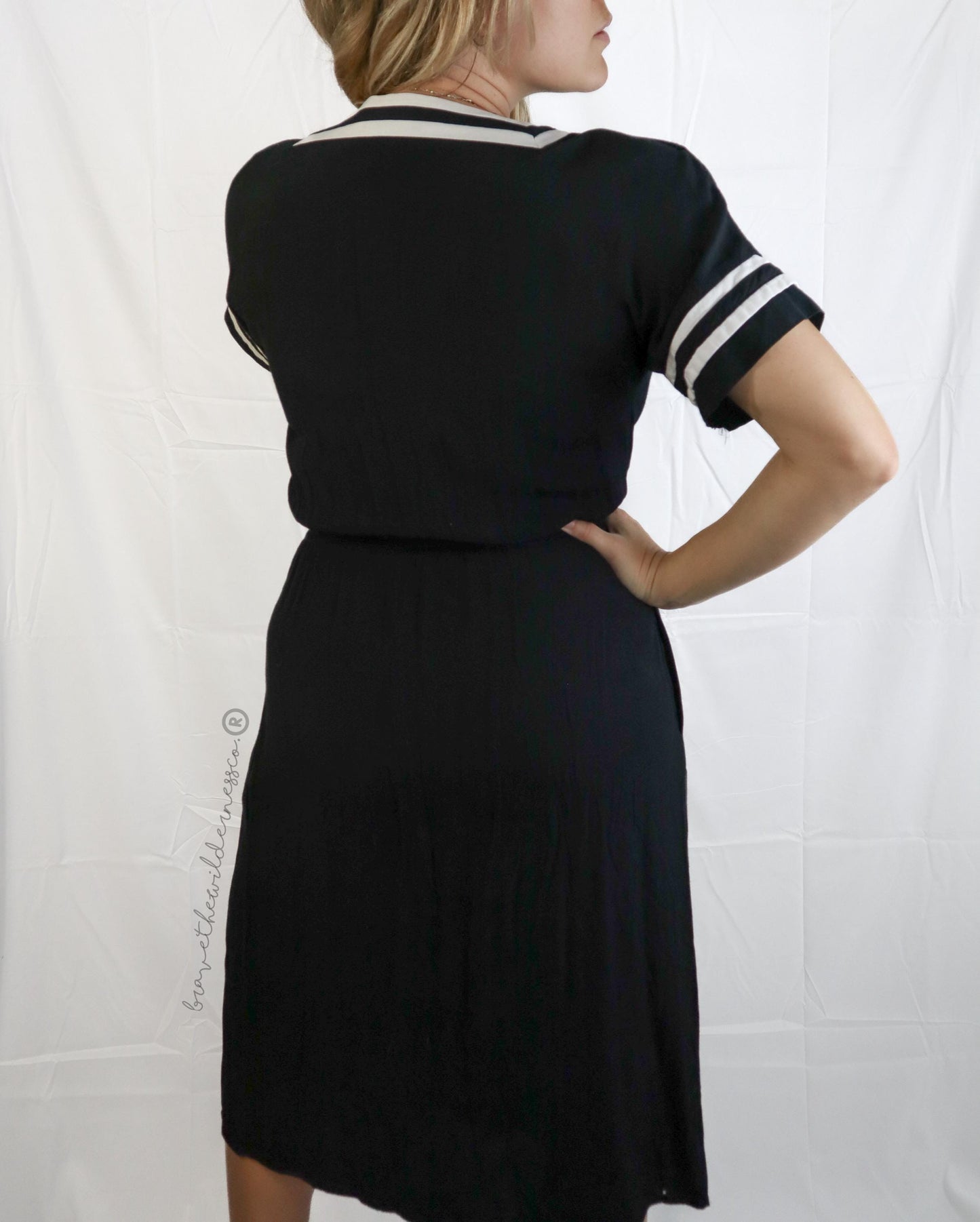 Black and White - Vintage 1980s Midi Dress Short Sleeve