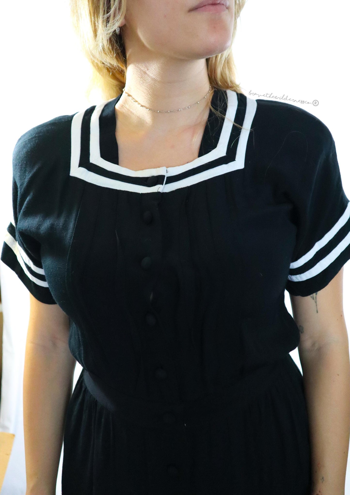 Black and White - Vintage 1980s Midi Dress Short Sleeve