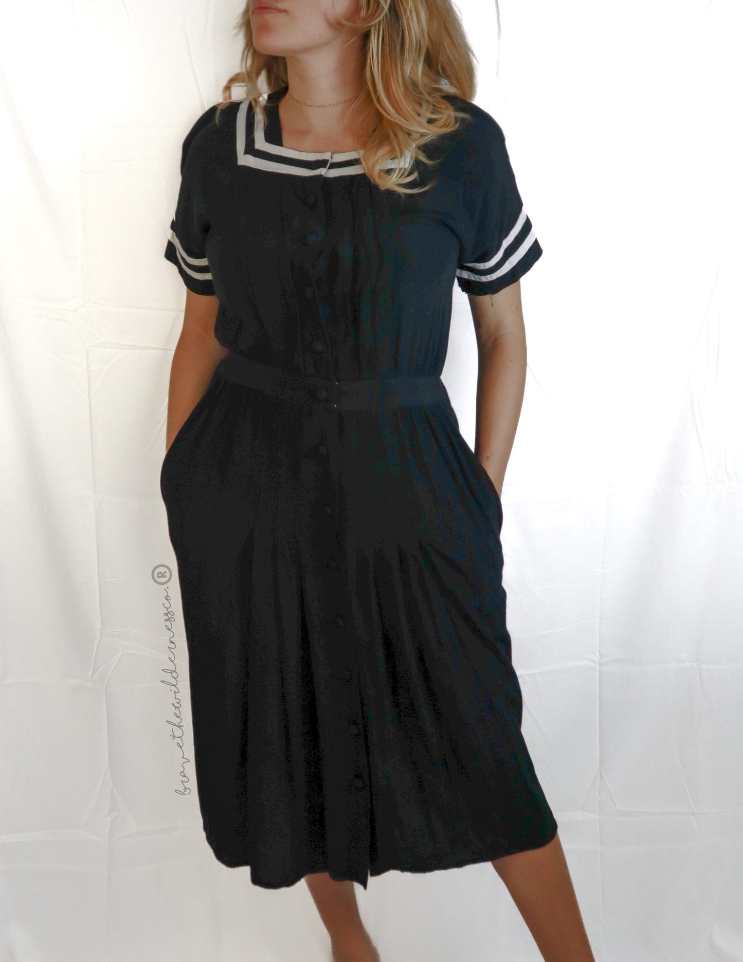Black and White - Vintage 1980s Midi Dress Short Sleeve