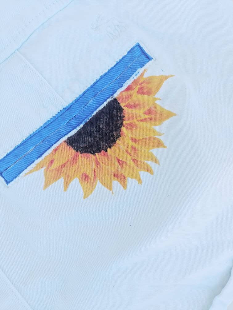 Sunflower and Blue Skys - Low Rise White Shorts with Hand Painted Pockets