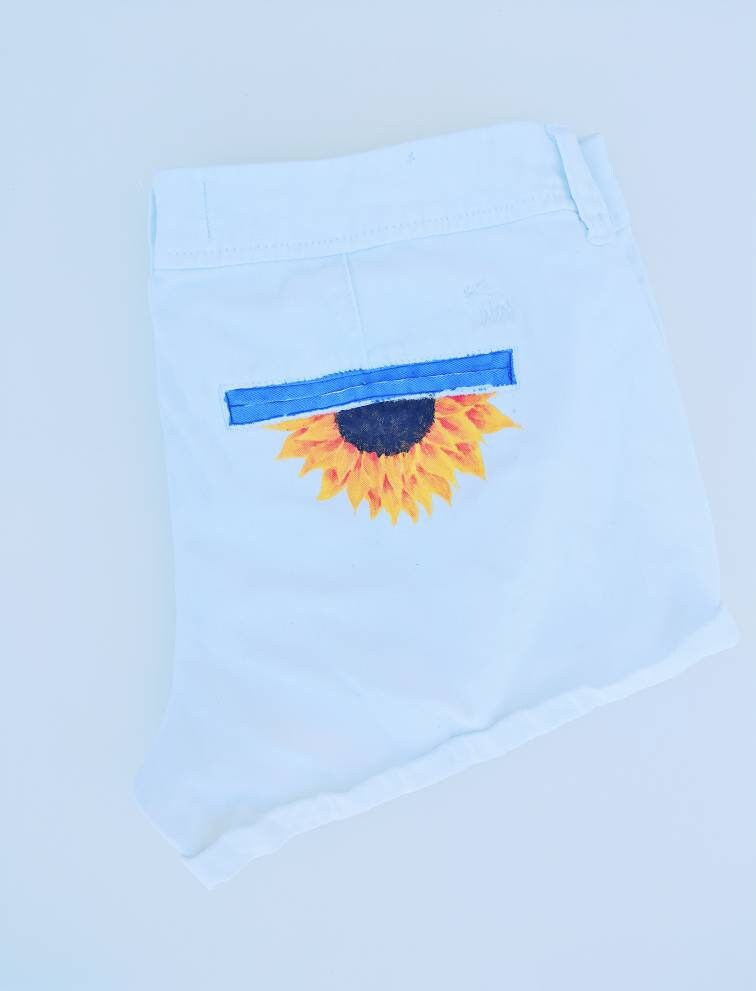 Sunflower and Blue Skys - Low Rise White Shorts with Hand Painted Pockets