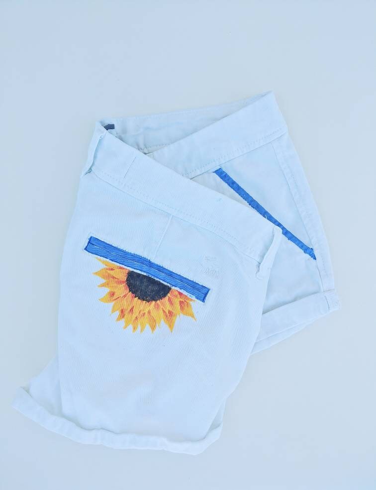 Sunflower and Blue Skys - Low Rise White Shorts with Hand Painted Pockets