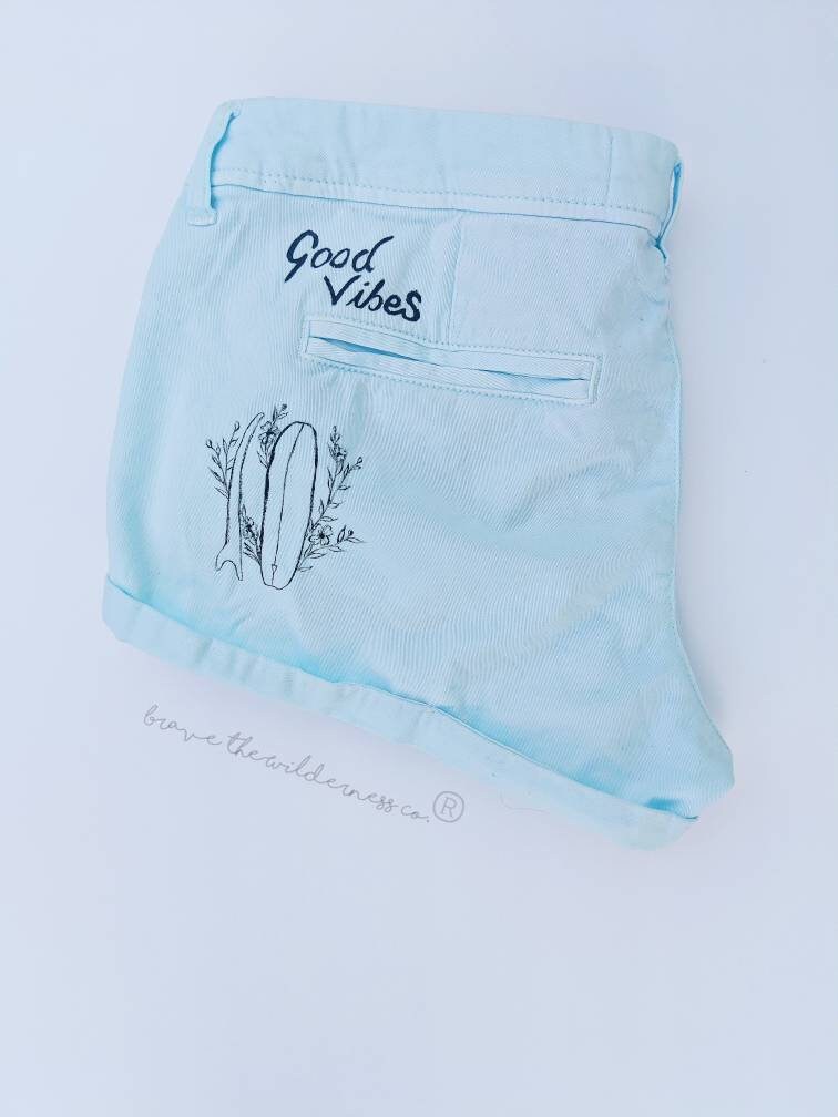 Surf Vibes - Low Rise Light Blue Shorts with Hand Painted Pocket