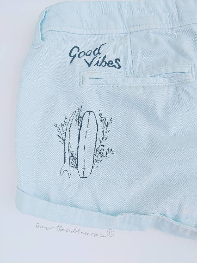 Surf Vibes - Low Rise Light Blue Shorts with Hand Painted Pocket