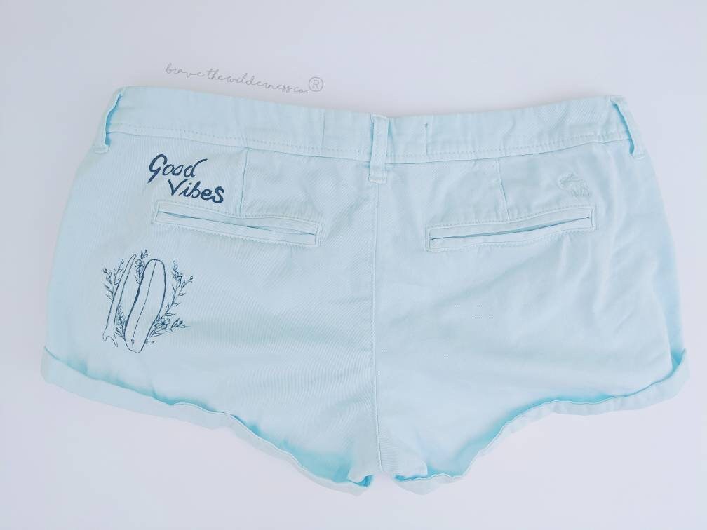 Surf Vibes - Low Rise Light Blue Shorts with Hand Painted Pocket