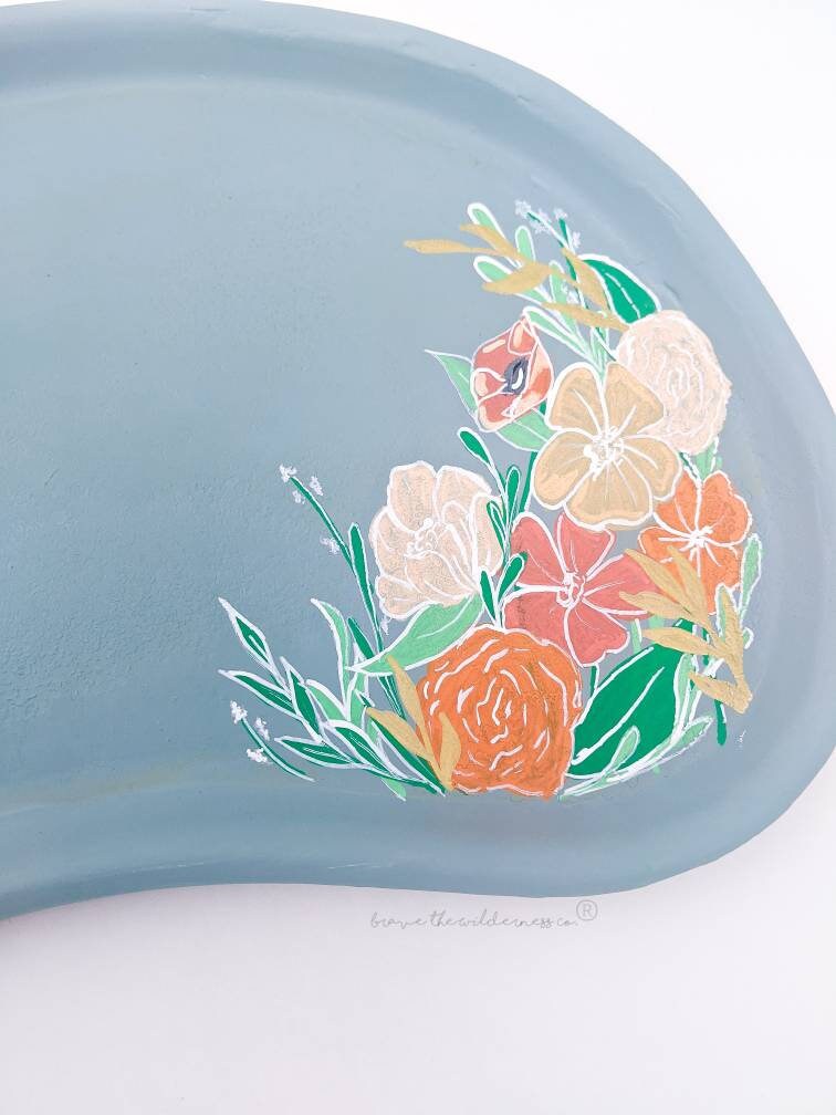 Blue Floral - Vintage Painted Upcycled Enamel Tray