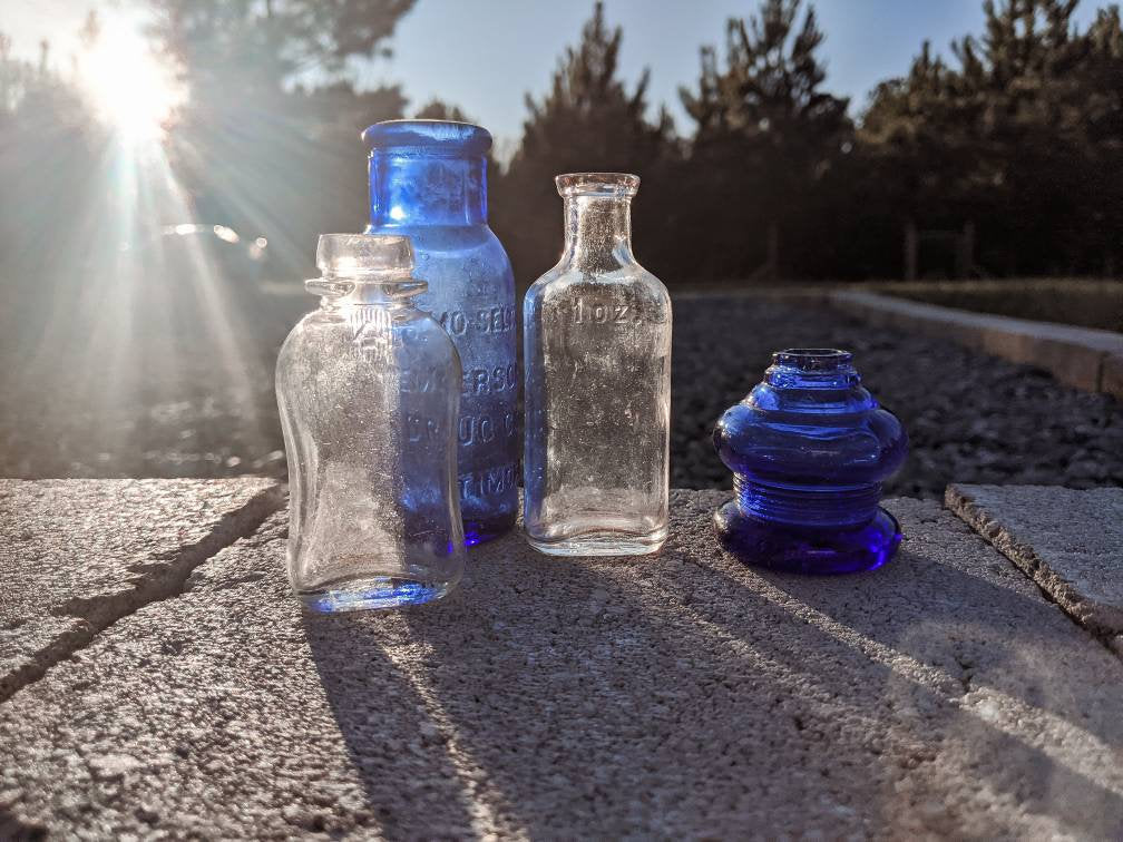 Blue and Clear - Vintage Small Glass Bottles Collection Cobalt Clear Lot