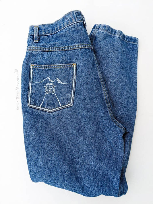 Van Life - Vintage High Waisted Mom Jeans with Hand Painted Pocket