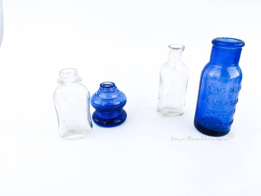 Blue and Clear - Vintage Small Glass Bottles Collection Cobalt Clear Lot