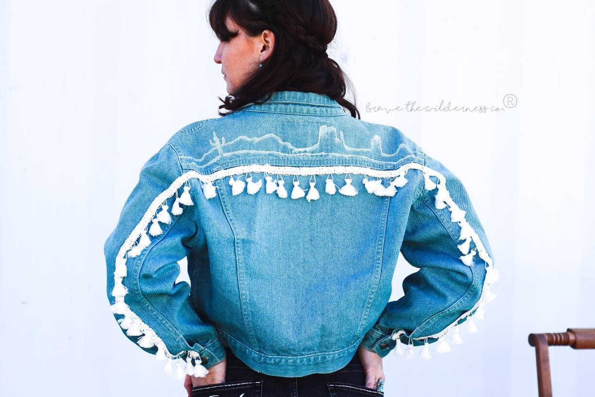 Southwest Silhouette - Vintage Cropped Jean Jacket with Hand Painted Back