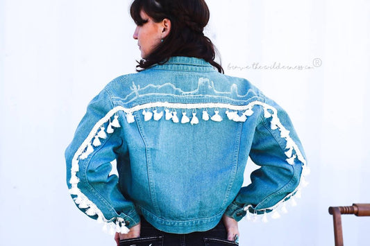 Southwest Silhouette - Vintage Cropped Jean Jacket with Hand Painted Back