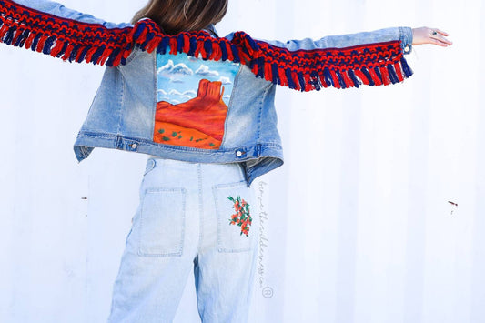 Southwest Landscape 3 - Jean Jacket with Hand Painted Back and Tassel Fringe