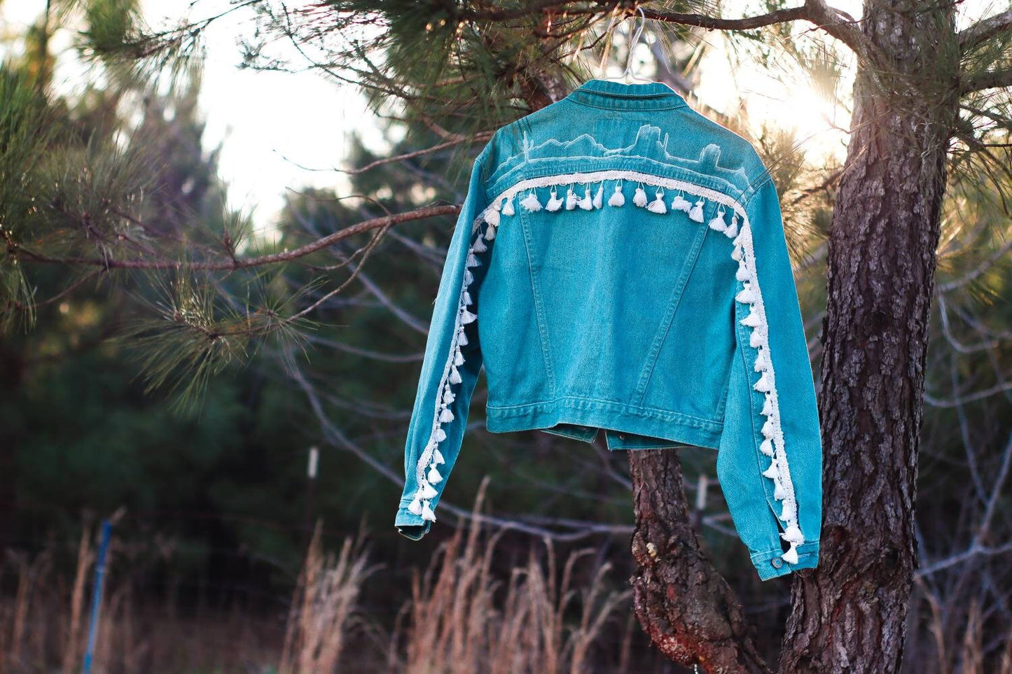 Southwest Silhouette - Vintage Cropped Jean Jacket with Hand Painted Back