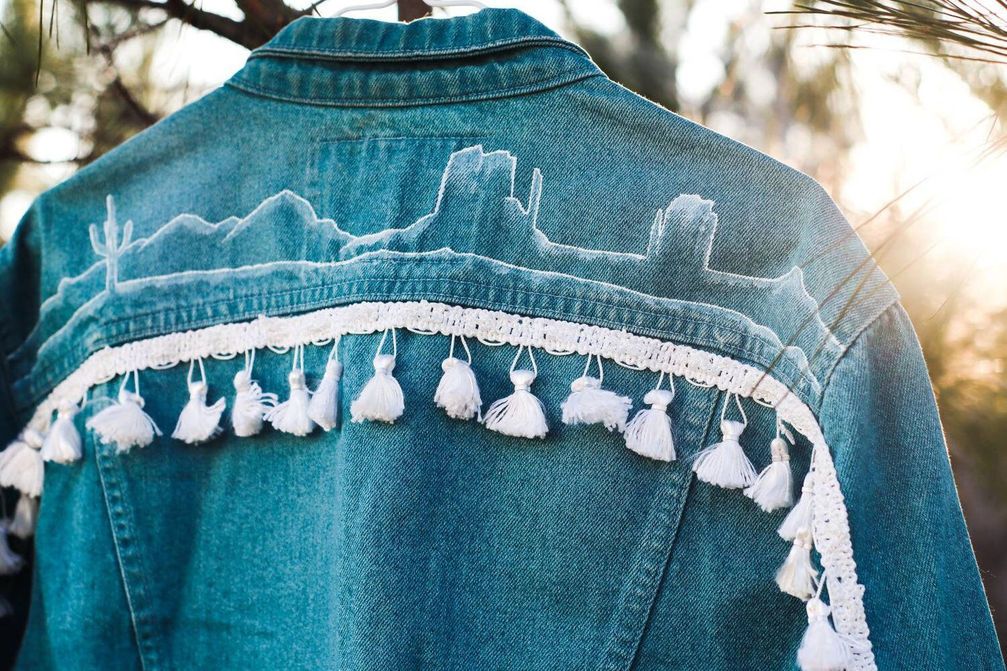 Southwest Silhouette - Vintage Cropped Jean Jacket with Hand Painted Back