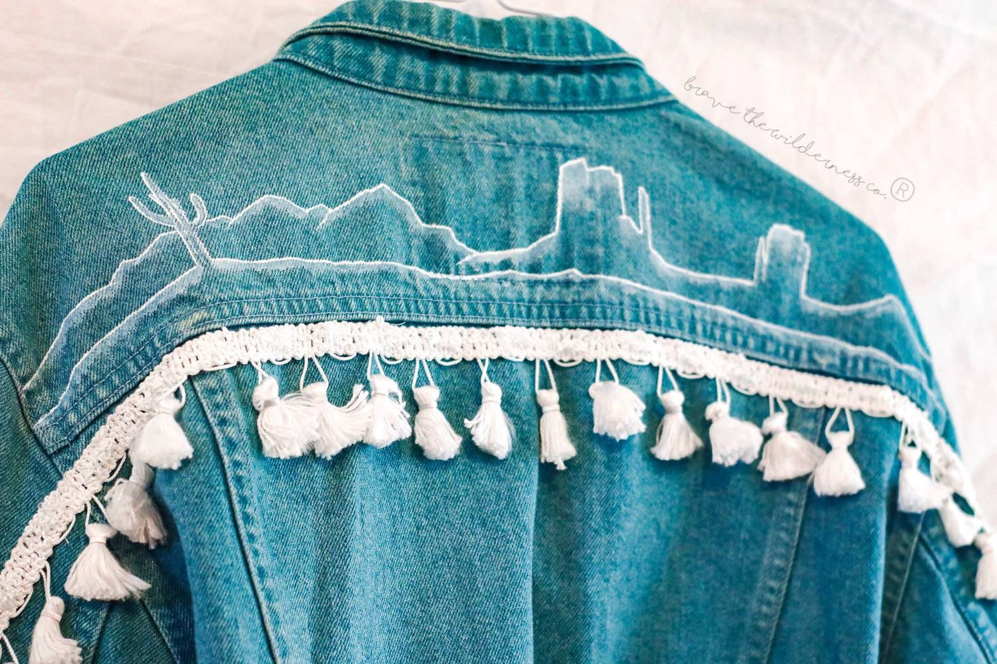 Southwest Silhouette - Vintage Cropped Jean Jacket with Hand Painted Back