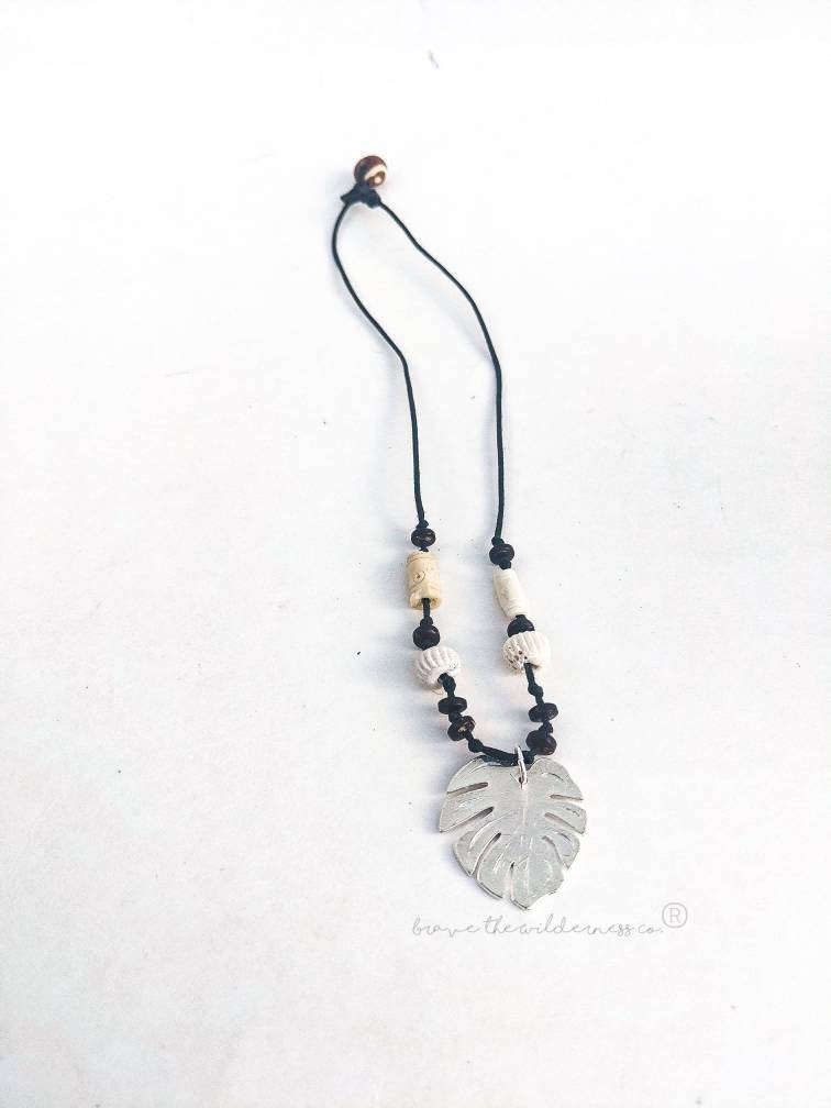 Monstera Leaf - Natural Hemp, Metal and Bone Summer Necklace