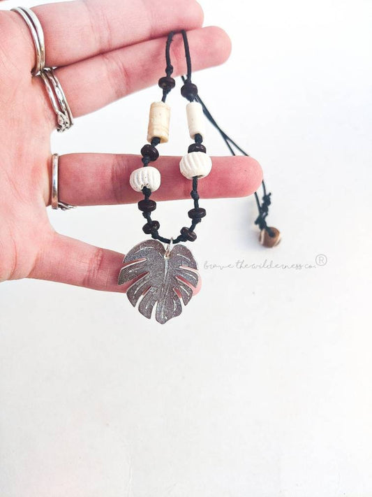 Monstera Leaf - Natural Hemp, Metal and Bone Summer Necklace