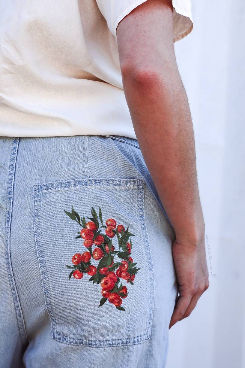 Oranges - Free People Wide Leg Jeans with Hand Painted Pocket and Embroidery