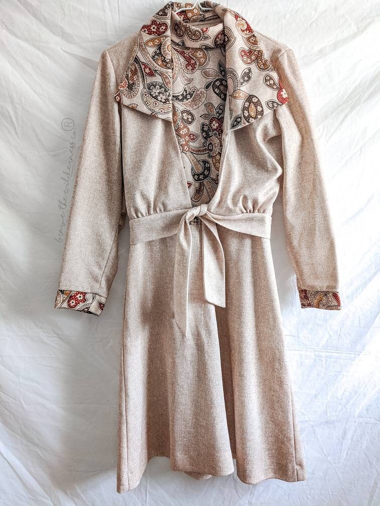 Tan Patterned - Vintage Dress and Cropped Jacket Set Made in Texas 1960s 1970s