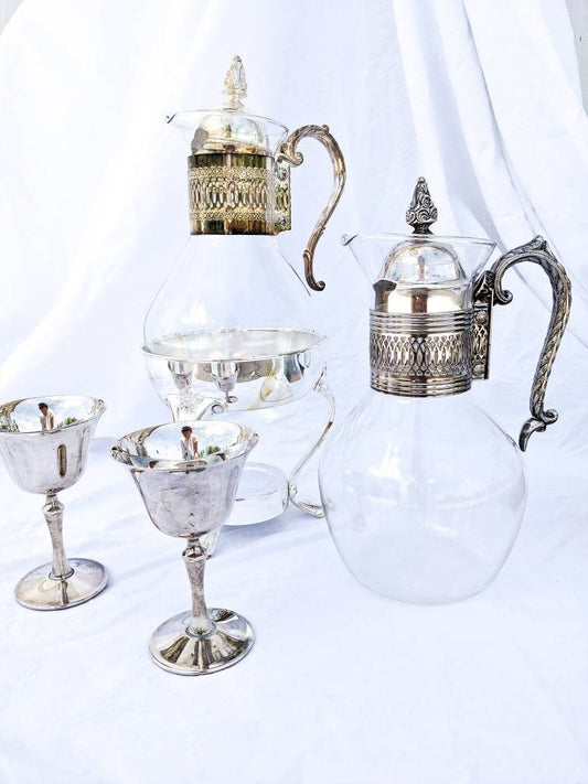 Silver Plated - Vintage Glass and Silver Coffee Tea Carafe Cups Stand DeUberti Italy