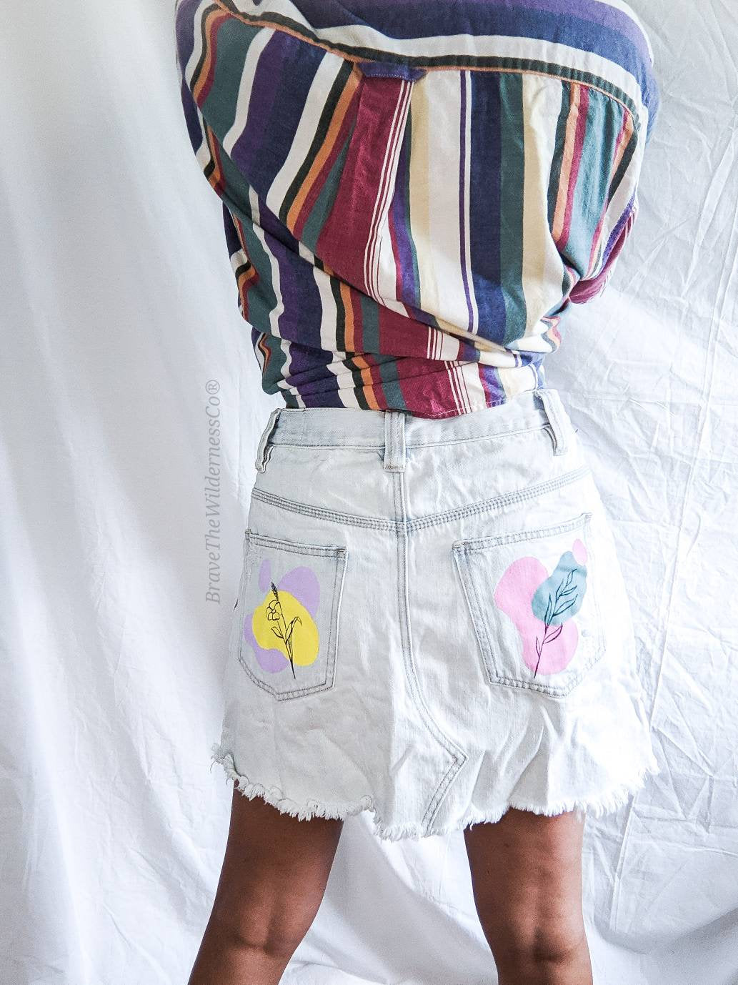 Bright Flowers - Jean Skirt with Hand Painted Pockets Flower Line Painted Color Shapes Abstract