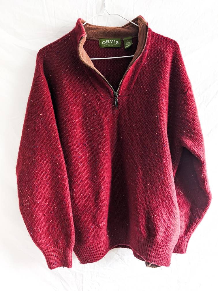 Red Wool - Vintage Orvis Wool Quarter Zip Sweater With Pockets