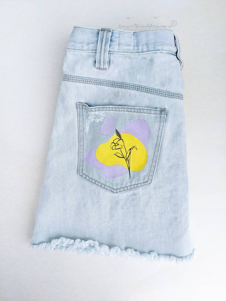 Bright Flowers - Jean Skirt with Hand Painted Pockets Flower Line Painted Color Shapes Abstract