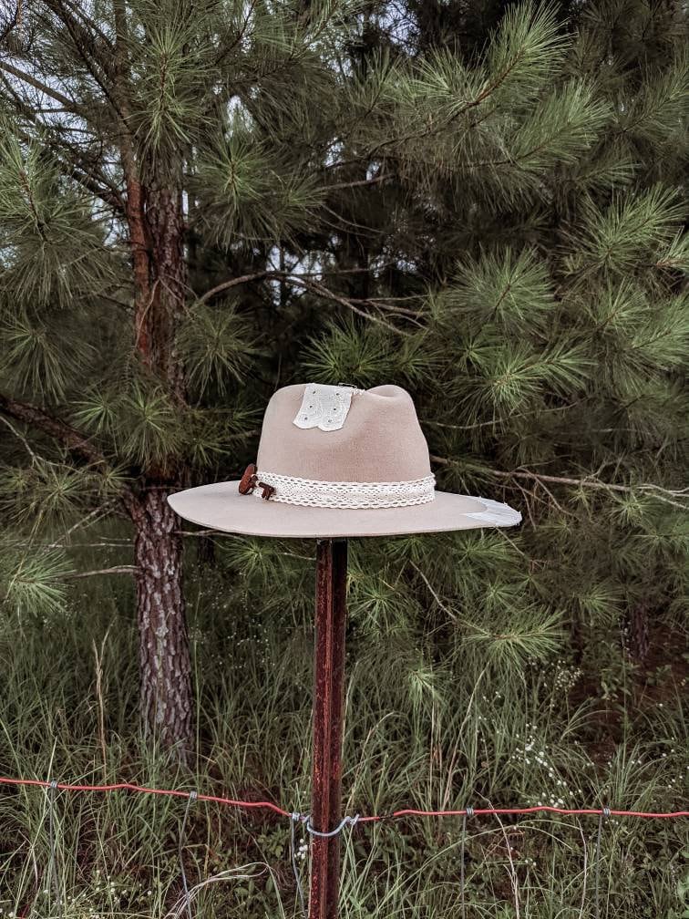 The Key - Wool Upcycled Custom Beige Off White Wide Brim Fedora Lace Wedding Eclectic