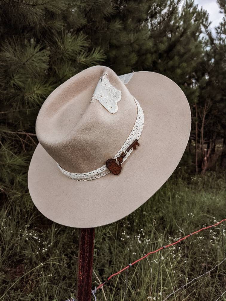 The Key - Wool Upcycled Custom Beige Off White Wide Brim Fedora Lace Wedding Eclectic