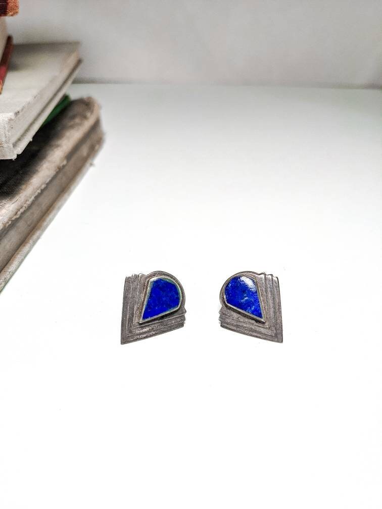 Blue Geometric - Vintage Sterling Silver and Blue Lapis Stone Earrings