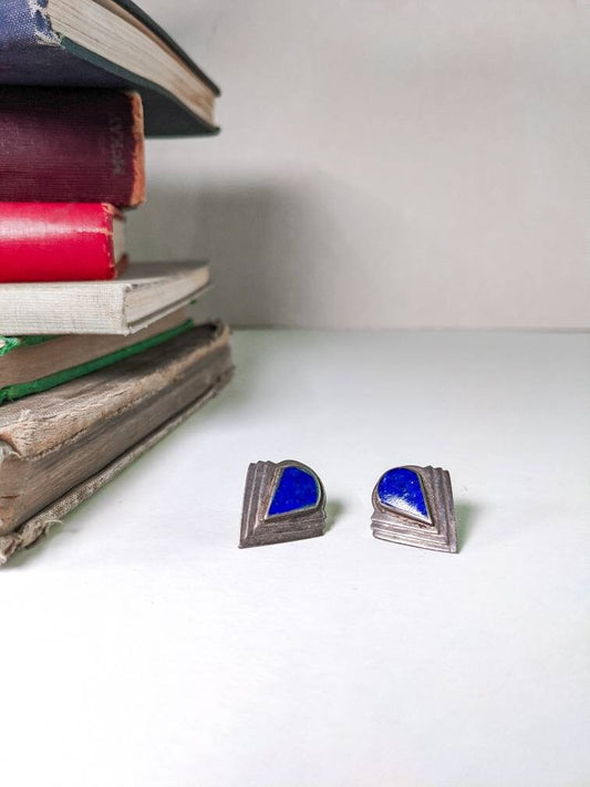 Blue Geometric - Vintage Sterling Silver and Blue Lapis Stone Earrings