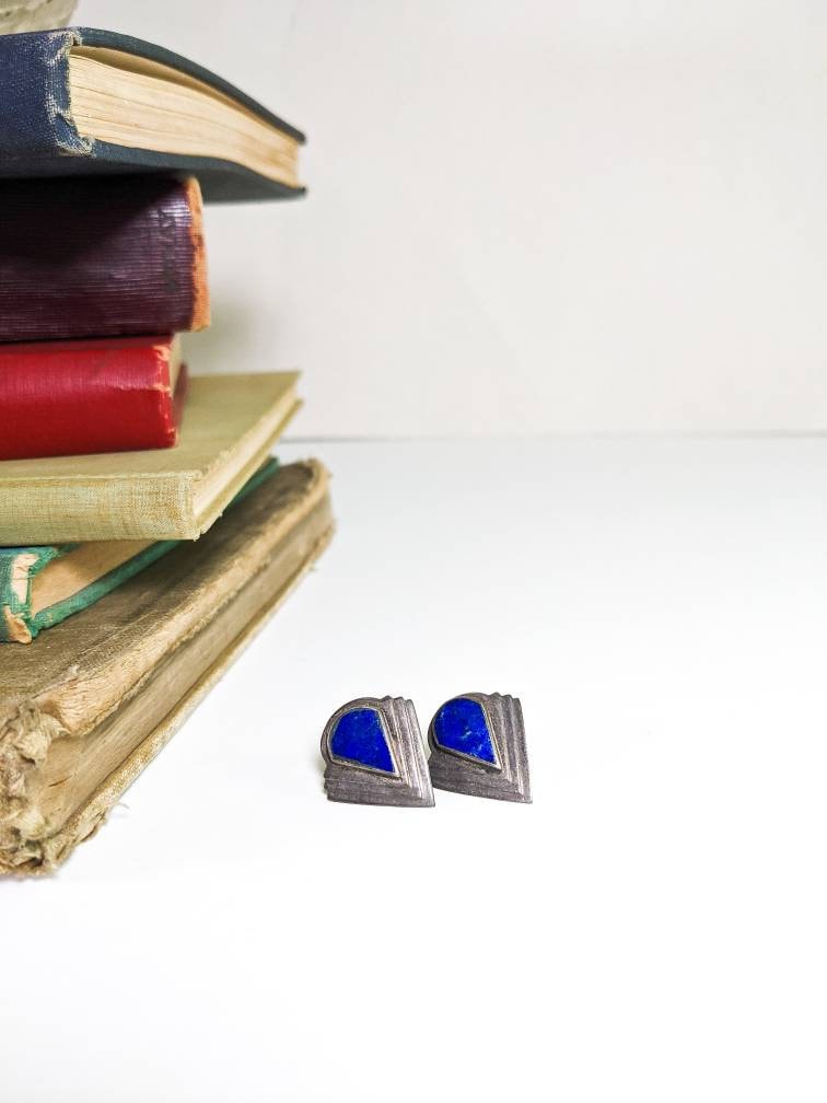 Blue Geometric - Vintage Sterling Silver and Blue Lapis Stone Earrings