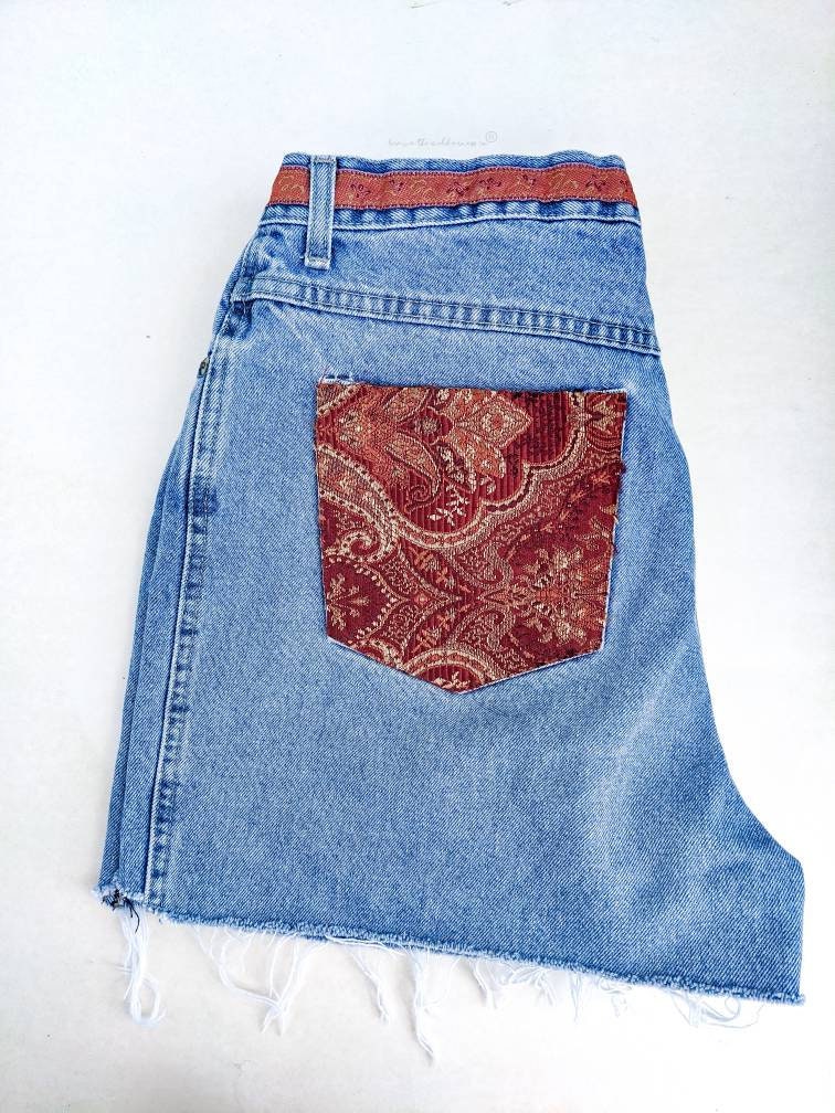 Red Pattern Pockets - Vintage Jean Shorts Light Wash with Vintage Fabric Billblass