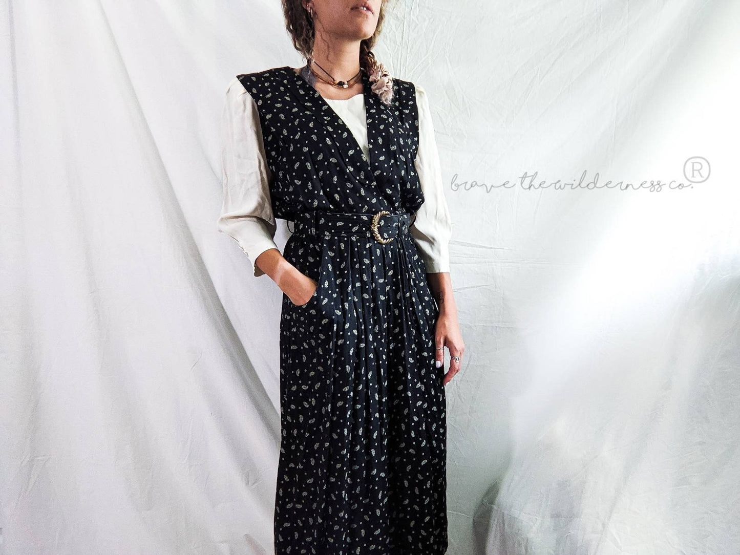 Black and White Paisley - Vintage 1980s Long Dress S L Fashions