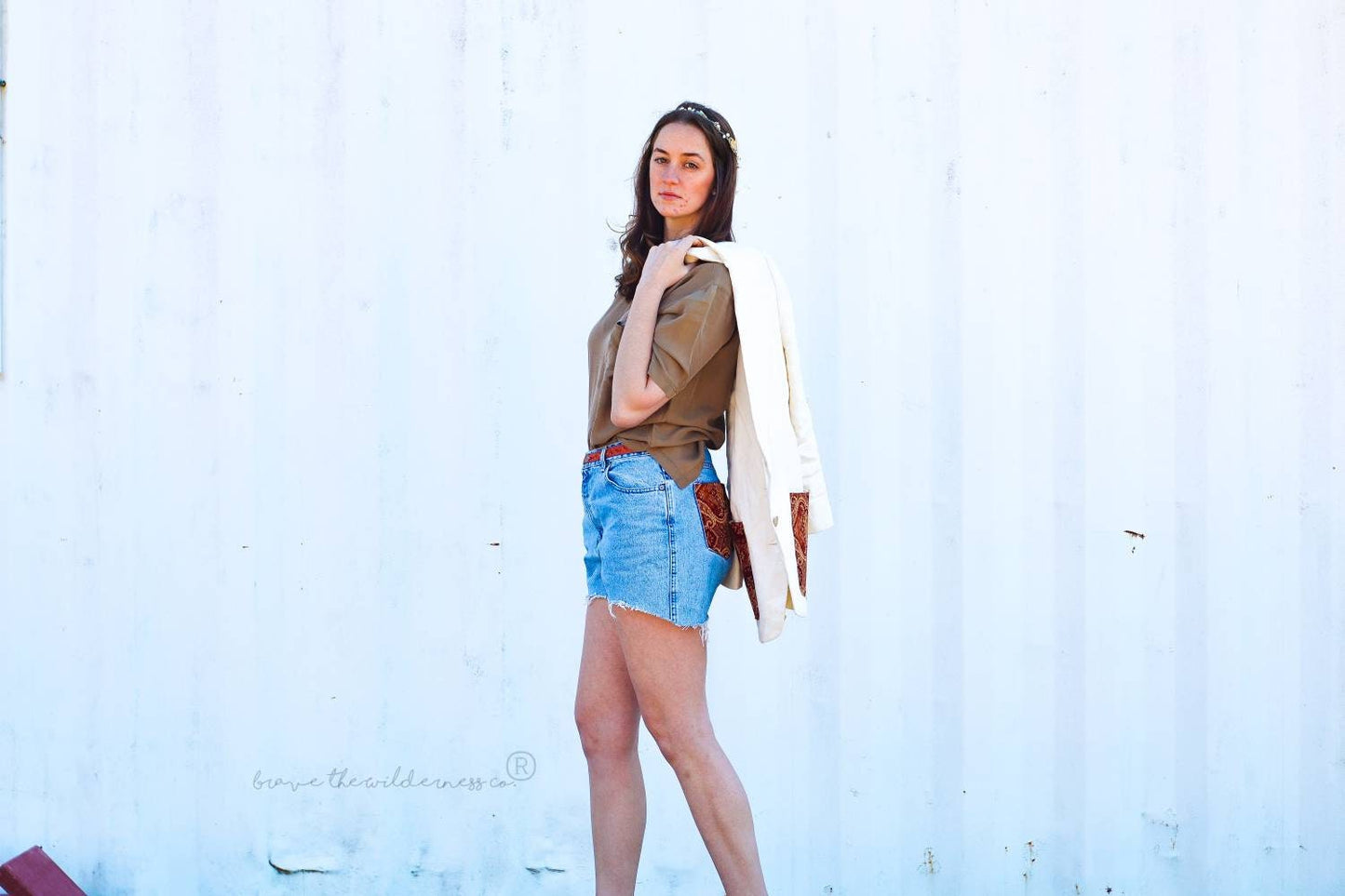 Red Pattern Pockets - Vintage Jean Shorts Light Wash with Vintage Fabric Billblass