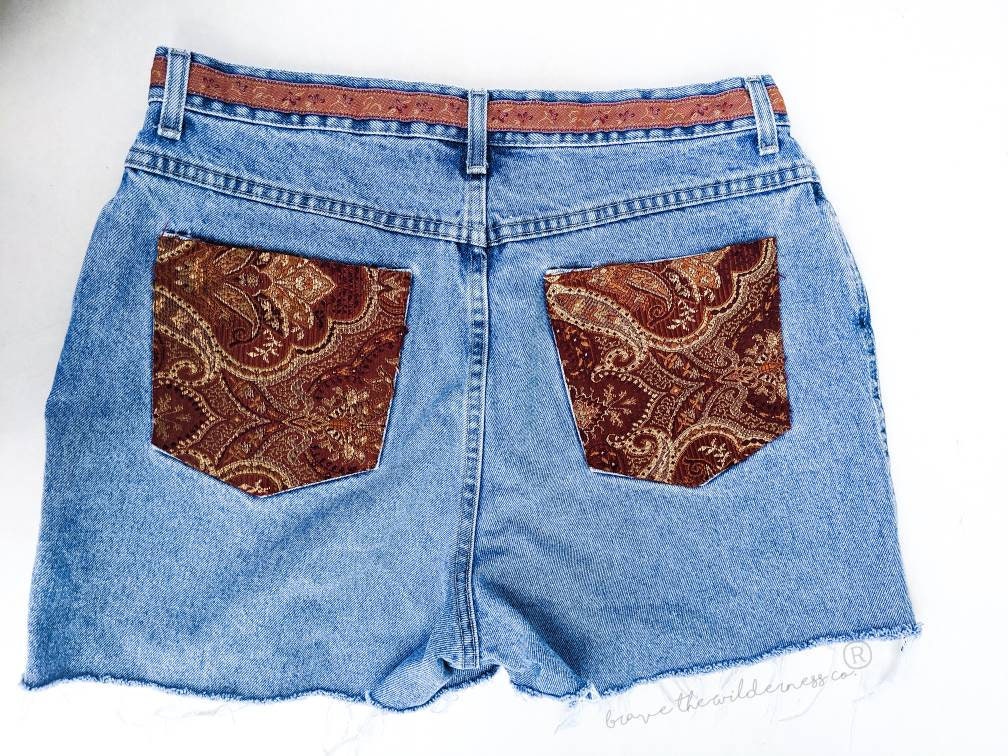 Red Pattern Pockets - Vintage Jean Shorts Light Wash with Vintage Fabric Billblass