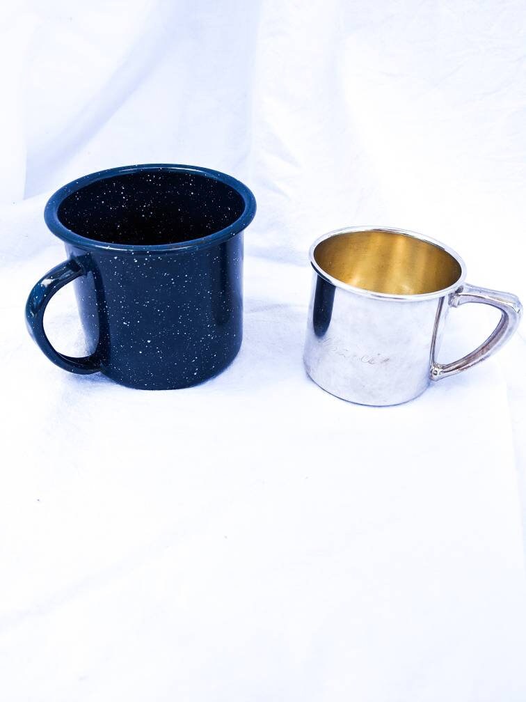 Vintage Cup - Vintage Blue Enamel and Silver Plated Cup