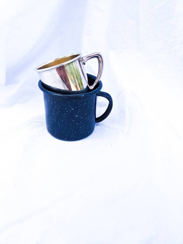 Vintage Cup - Vintage Blue Enamel and Silver Plated Cup