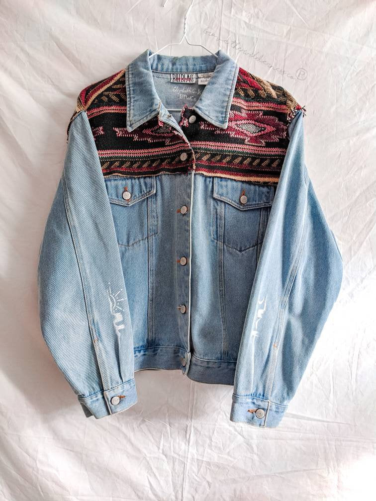 Southwest Blanket - Vintage Upcycled Jean Jacket with Hand Painted Sleeves