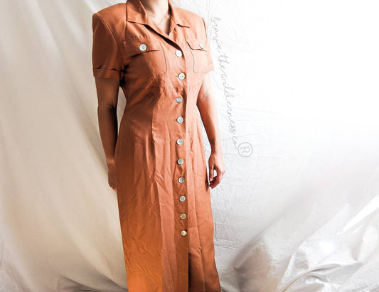 Orange - Vintage 1980s Midi Dress Miss Cynthia Howie Maggy Boutique Collared Short Sleeve