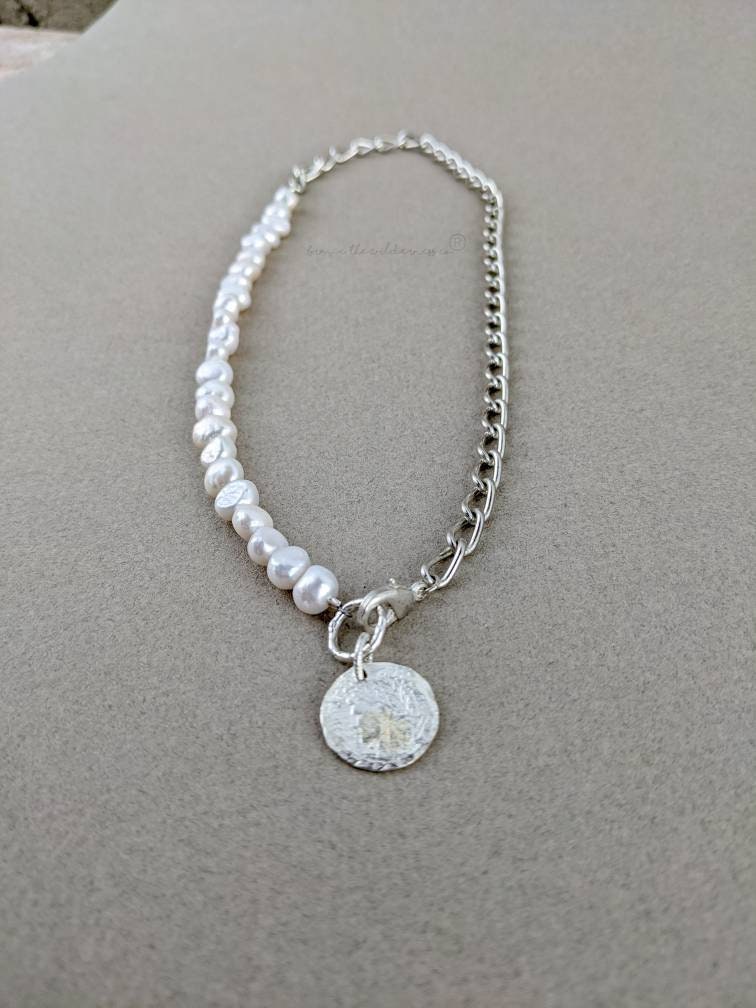 Silver Coin - Mens Unisex Pearl and Sterling Silver Plated Chain Necklace