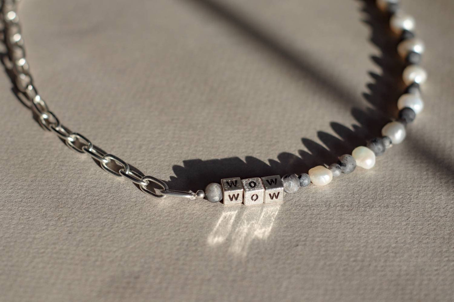 WOW - Mens Unisex Pearl,  Labradorite and Sterling Silver Plated Chain Necklace