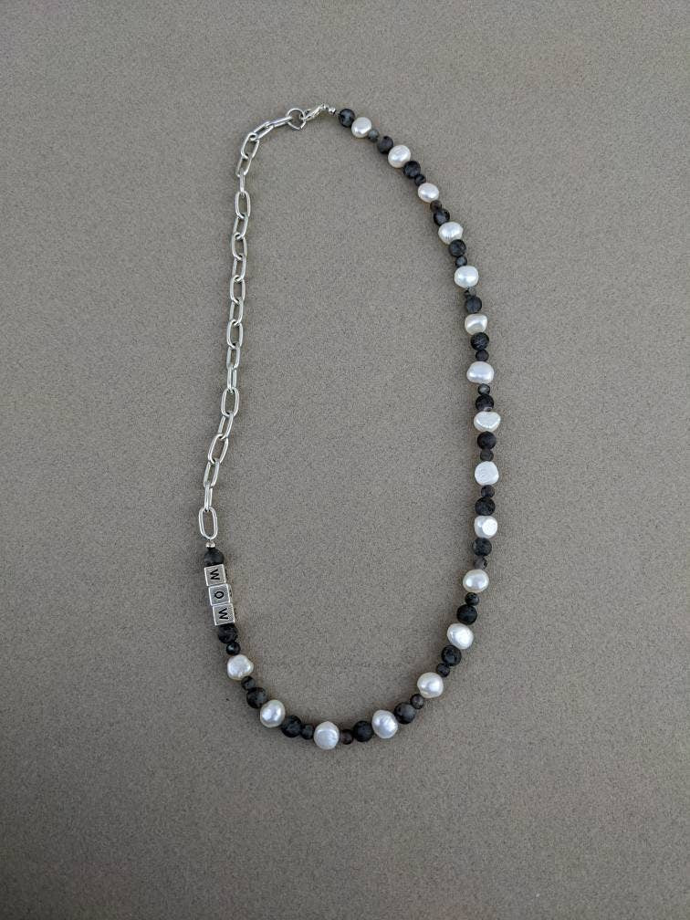 WOW - Mens Unisex Pearl,  Labradorite and Sterling Silver Plated Chain Necklace